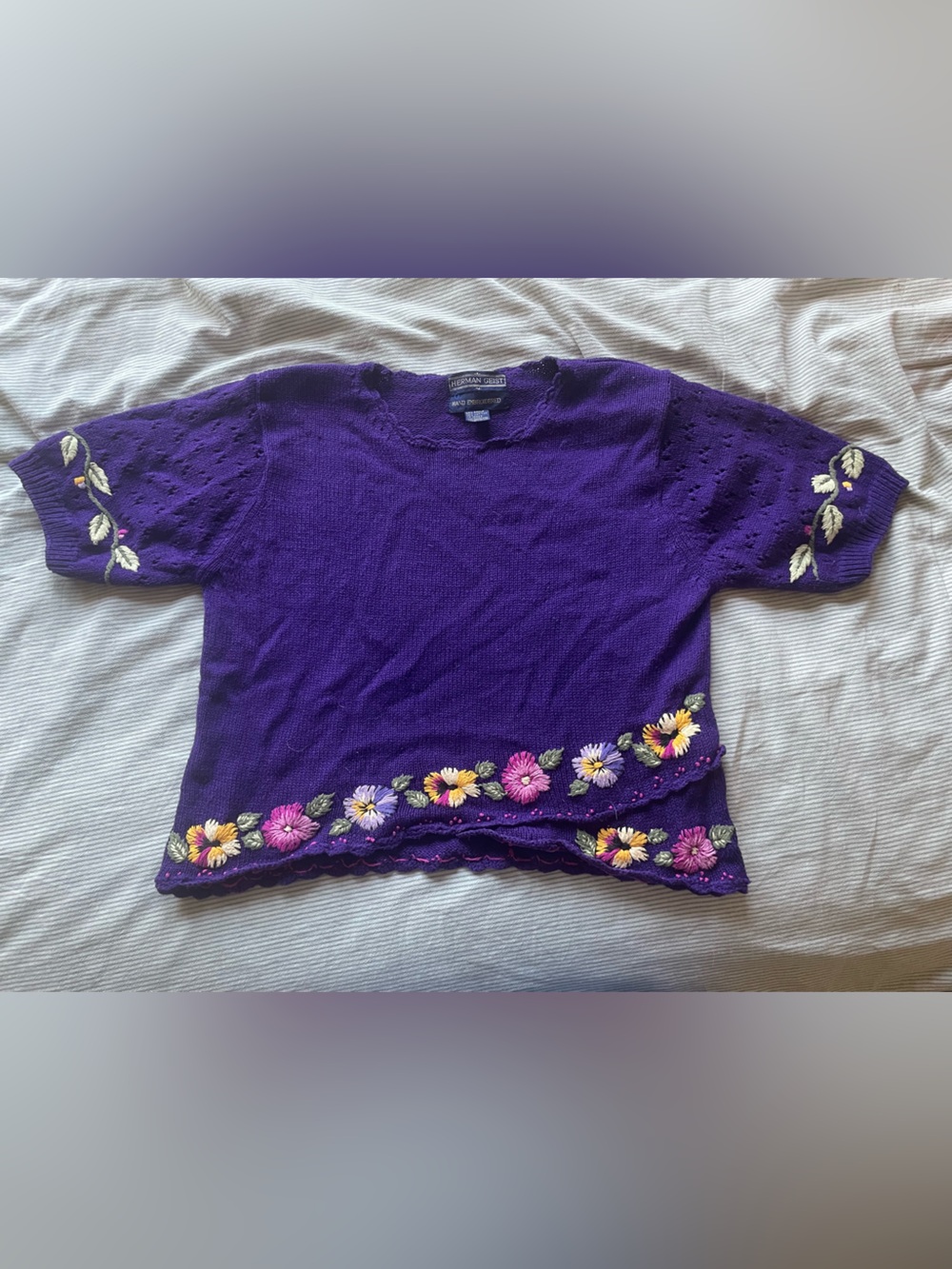 Herman Geist Purple Floral Hand-Embroidered Knit Sweater Top